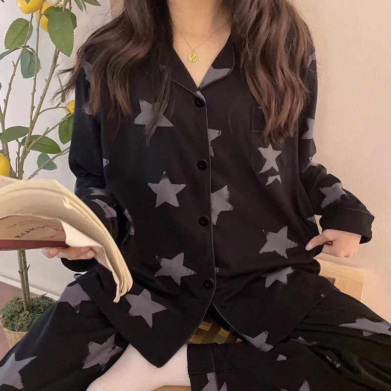 泡泡陷阱 黑色星星图案舒适家居服可爱休闲时尚设计简约高级感薄款翻领长袖长裤睡衣套装  女款