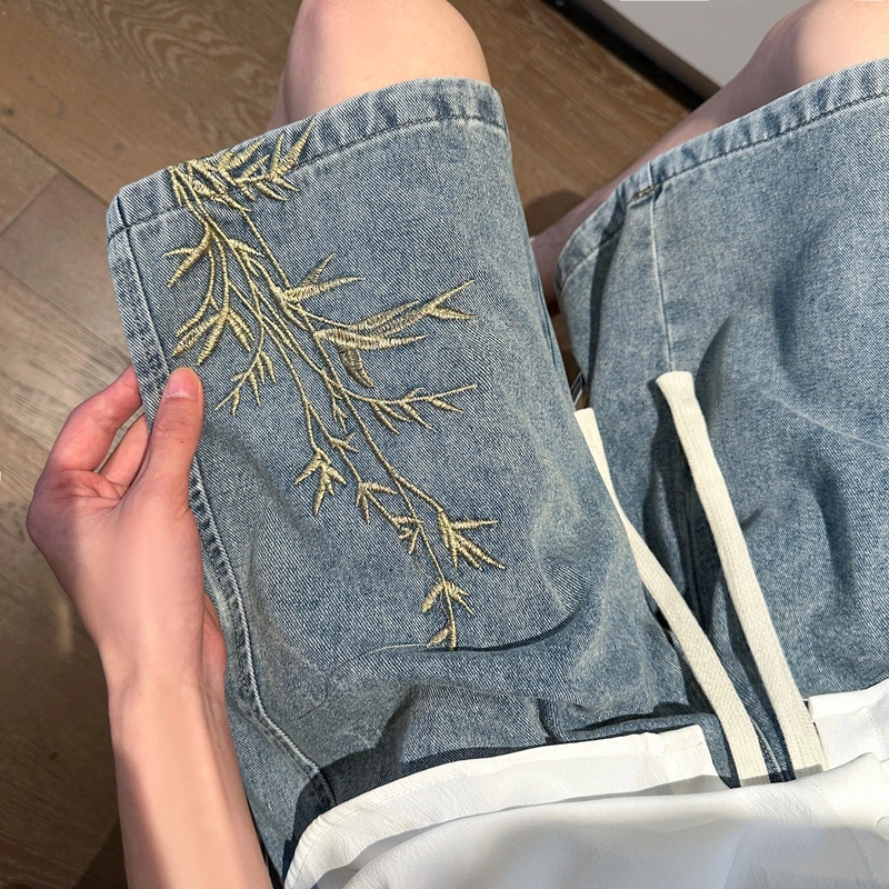 泡泡陷阱 新中式国风竹子刺绣夏季薄款五分裤休闲宽松百搭直筒阔腿裤牛仔短裤 男女同款
