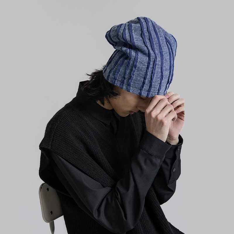幻象者 条纹保暖防寒 羊毛 绒线帽子 男女同款情侣款 蓝色