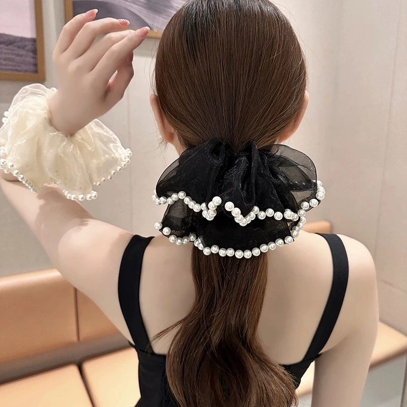 尚先生 气质网纱大肠圈韩版高级感丸子头头花 仿珍珠 发圈 女款 黑色/米色