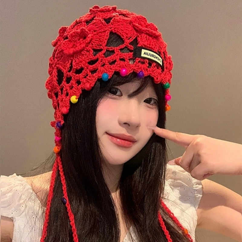 尚先生 波西米亚花朵流苏复古镂空民族风 针织 绒线帽 女款