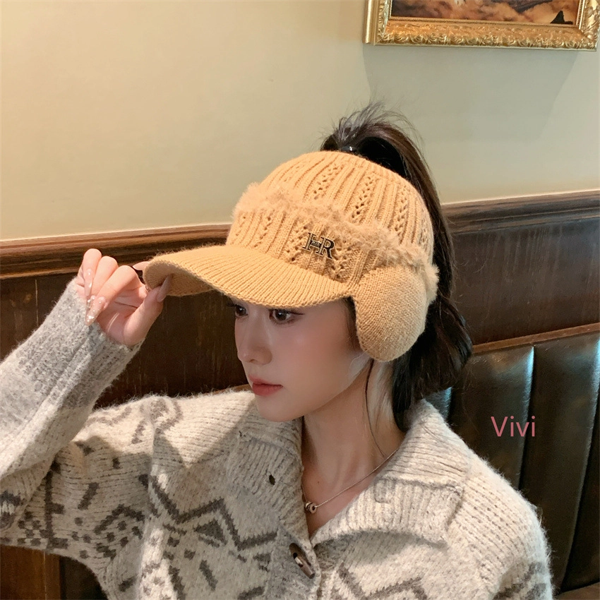 尚先生 秋冬季护耳空顶帽可扎马尾时尚气质显脸小保暖毛绒针织 聚酯纤维 绒线帽 女款