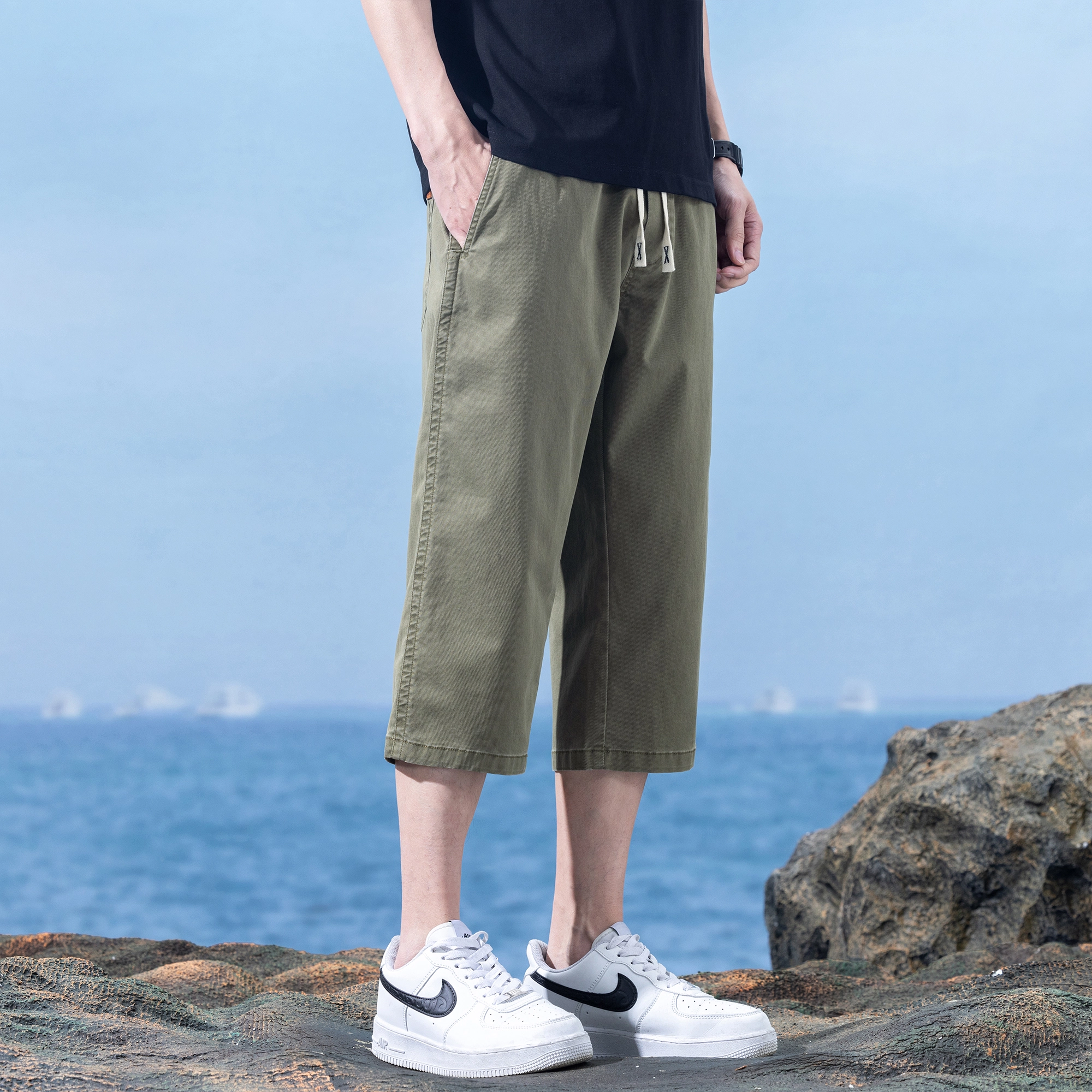 瑞梵帝斯 美式潮牌薄款速干凉感抽绳健身跑步宽松柔软户外运动吸汗透气弹力松紧中腰直筒七分裤休闲短裤 男款