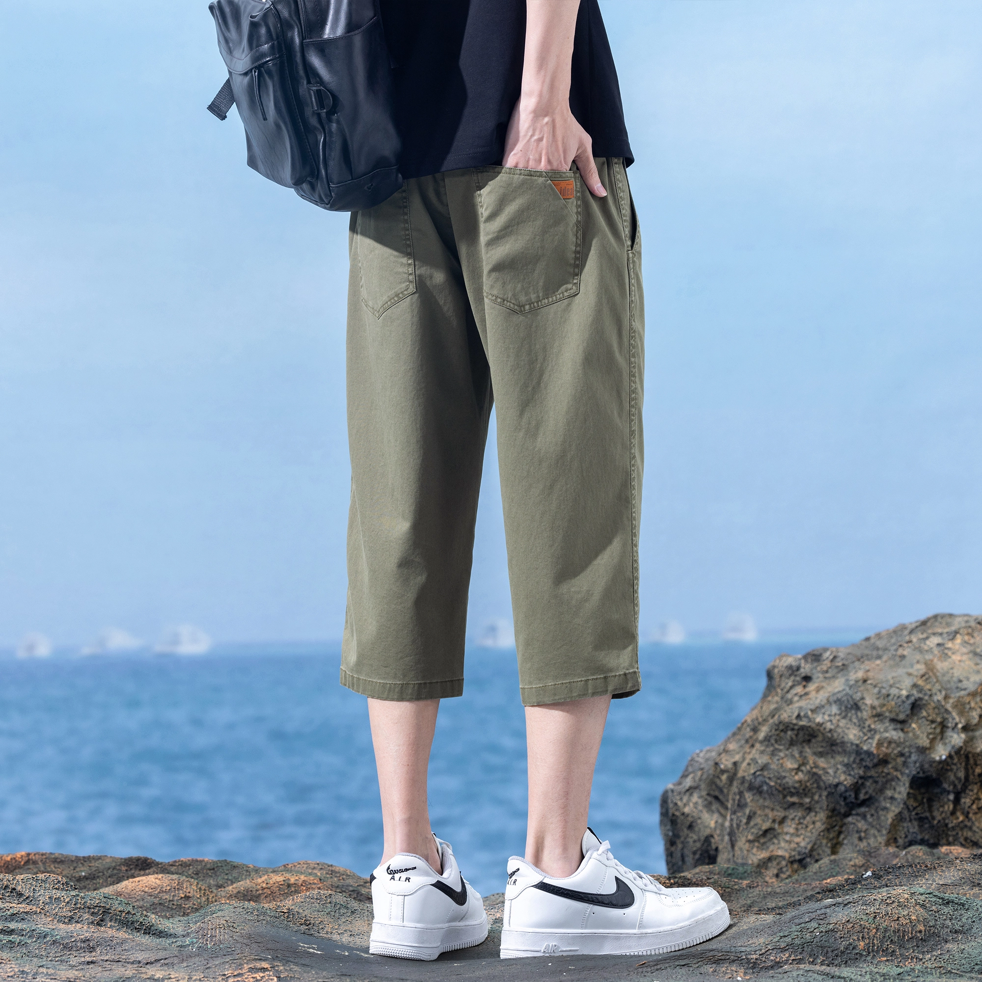 瑞梵帝斯 美式潮牌薄款速干凉感抽绳健身跑步宽松柔软户外运动吸汗透气弹力松紧中腰直筒七分裤休闲短裤 男款