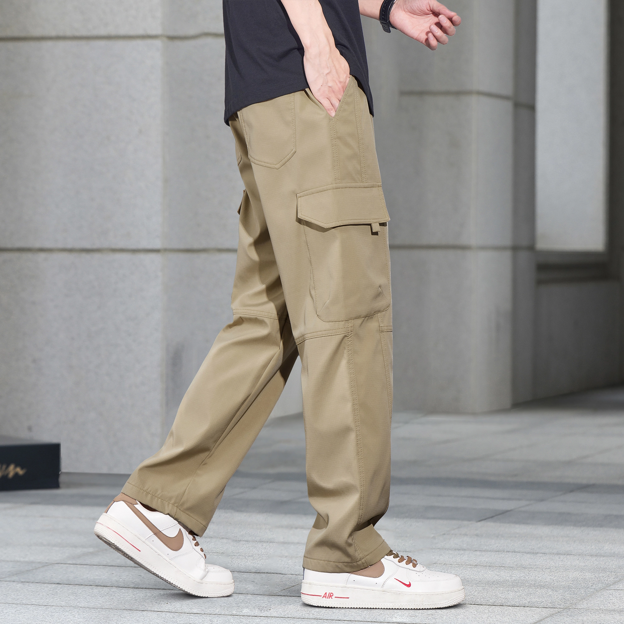 瑞梵帝斯 学生党校园纯色简约百搭复古时尚潮流褶皱大口袋直筒工装裤 男款