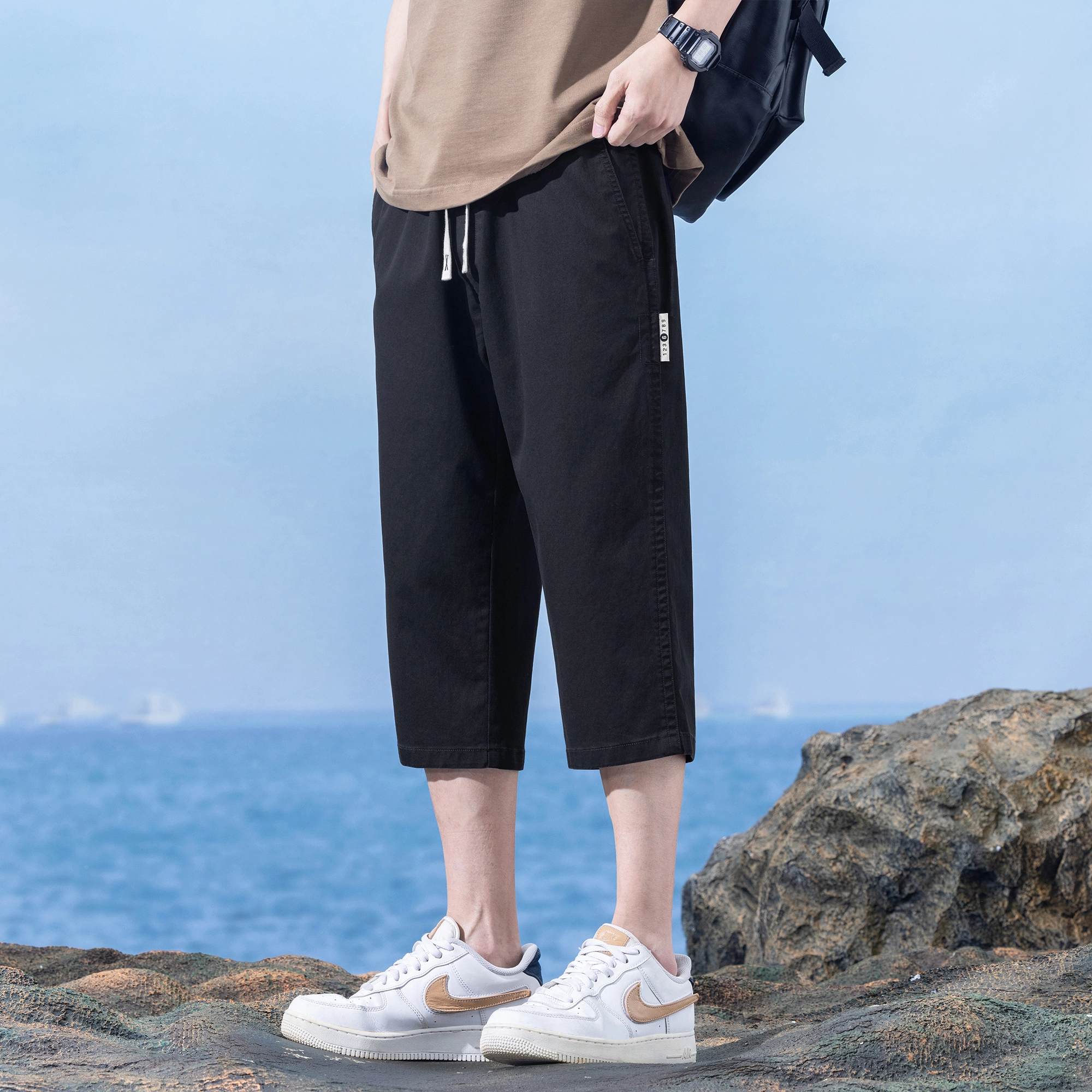 瑞梵帝斯 美式潮牌薄款速干凉感抽绳健身跑步宽松柔软户外运动吸汗透气弹力松紧中腰直筒七分裤休闲短裤 男款