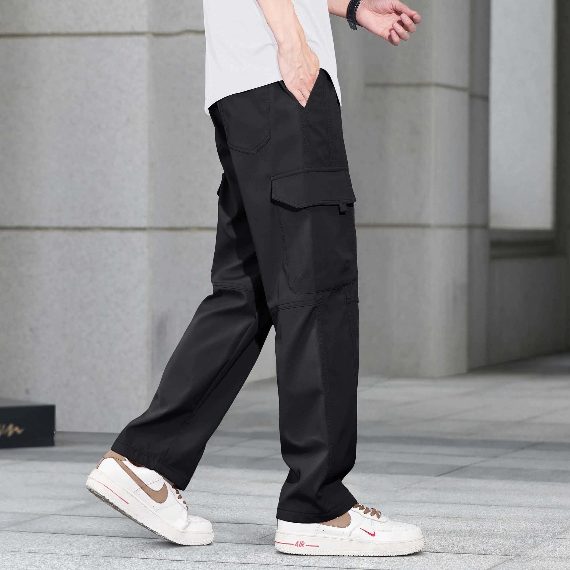 瑞梵帝斯 学生党校园纯色简约百搭复古时尚潮流褶皱大口袋直筒工装裤 男款