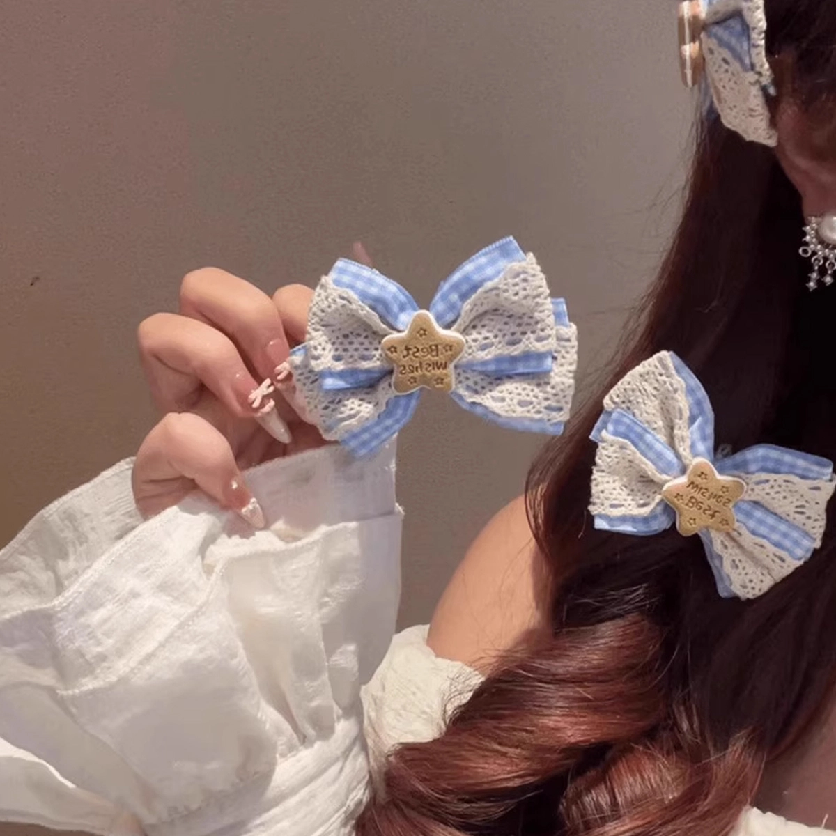 色菲尔 蕾丝蝴蝶结 纯手工蓝色米白色蕾丝蝴蝶结韩版气质刘海边夹半扎后脑勺马尾夹 布艺 发夹 女款