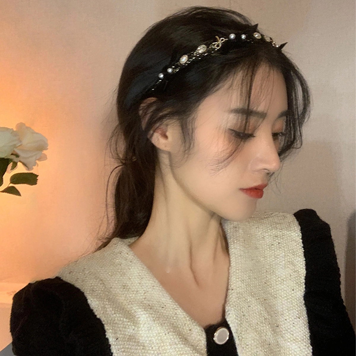 色菲尔 丝绒 超仙蝴蝶结百搭高级感气质头箍发卡早春俏皮可爱百高级感发饰 布艺/仿珍珠 发箍 女款