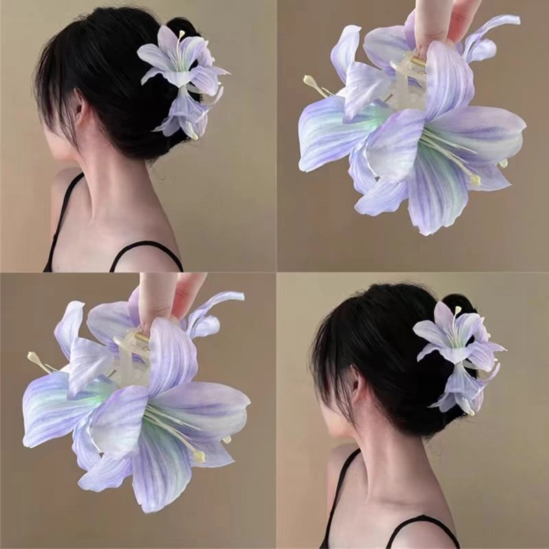 色菲尔 百合花朵  冷感紫色蓝色百合花氛围感立体仿真花朵高级感鲨鱼夹绝美 布 发夹 女款