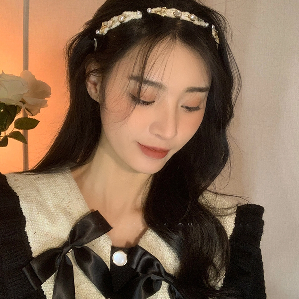 色菲尔 丝绒 超仙蝴蝶结百搭高级感气质头箍发卡早春俏皮可爱百高级感发饰 布艺/仿珍珠 发箍 女款