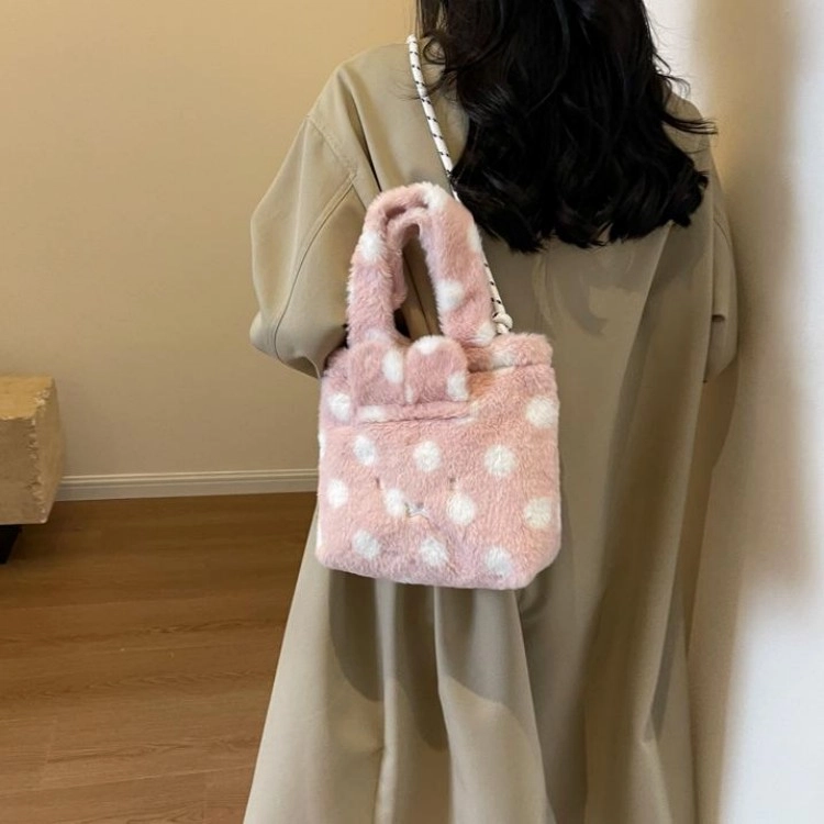 爱尔绅特 时尚波点百搭 毛绒 手提包 女款 白色/浅灰色/粉红色/卡其色