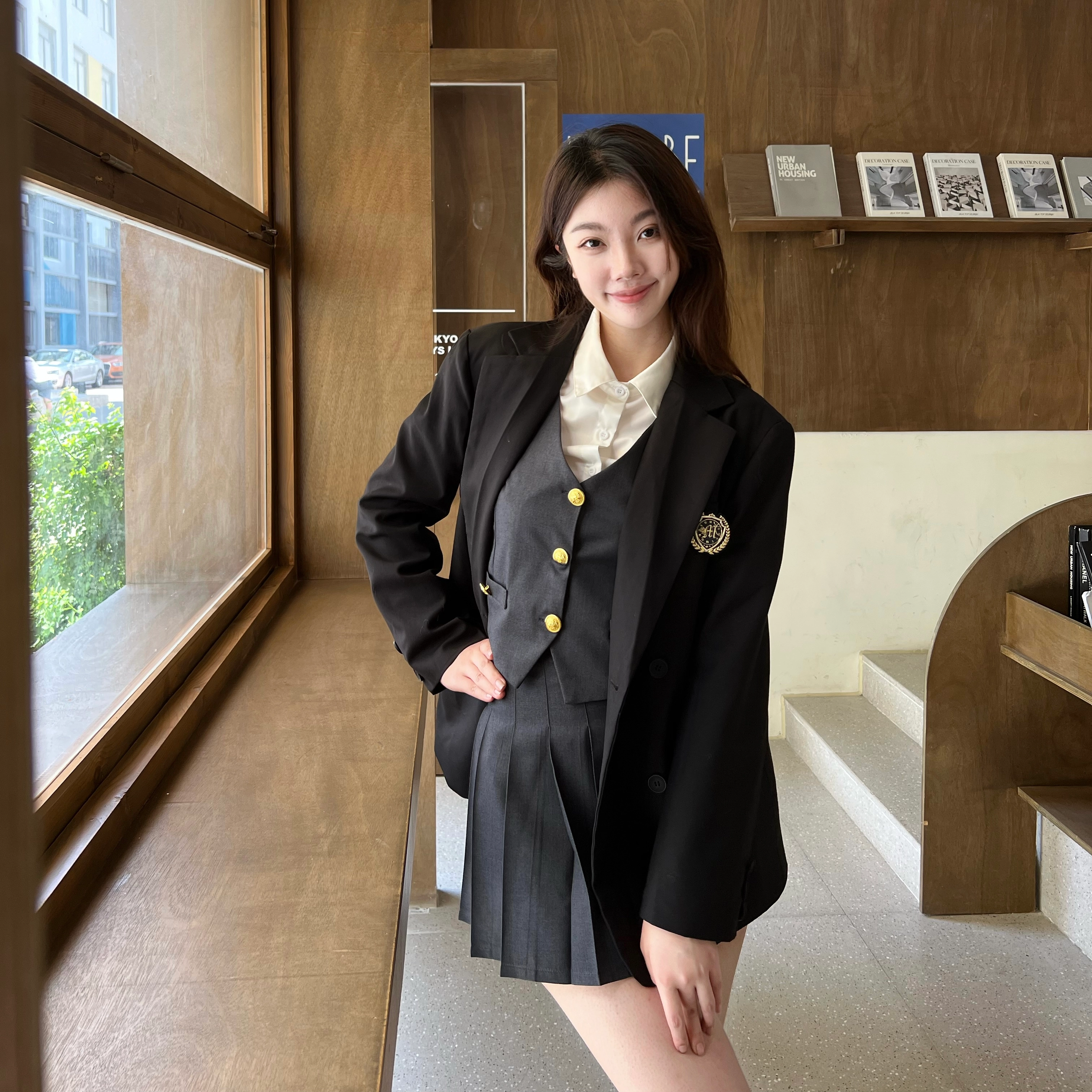 九条喵 单排扣西装马甲拼色长袖衬衫纯色百褶短裙制服 女款 灰色