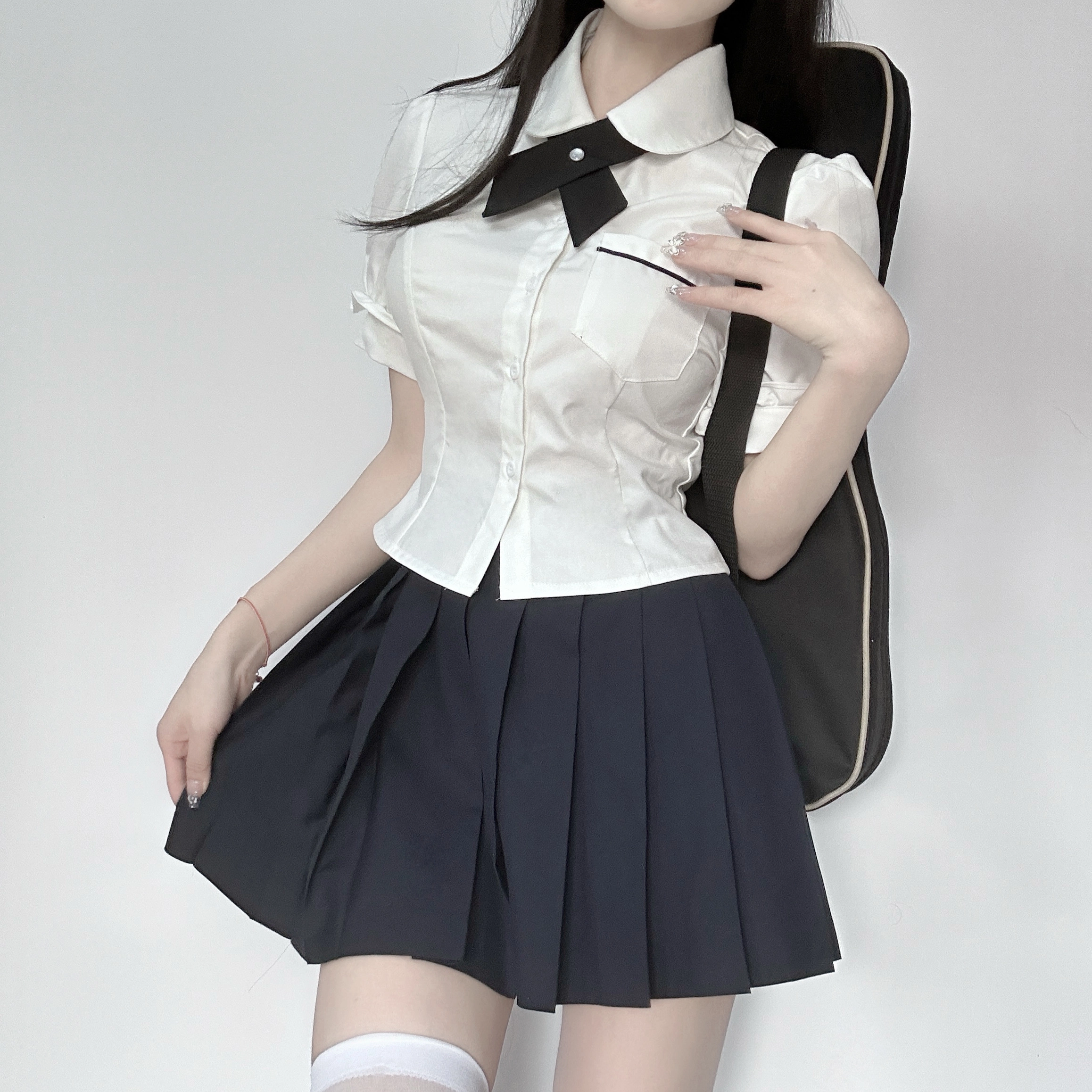 九条喵 泡泡袖纯色收腰短袖衬衫 女款 白色