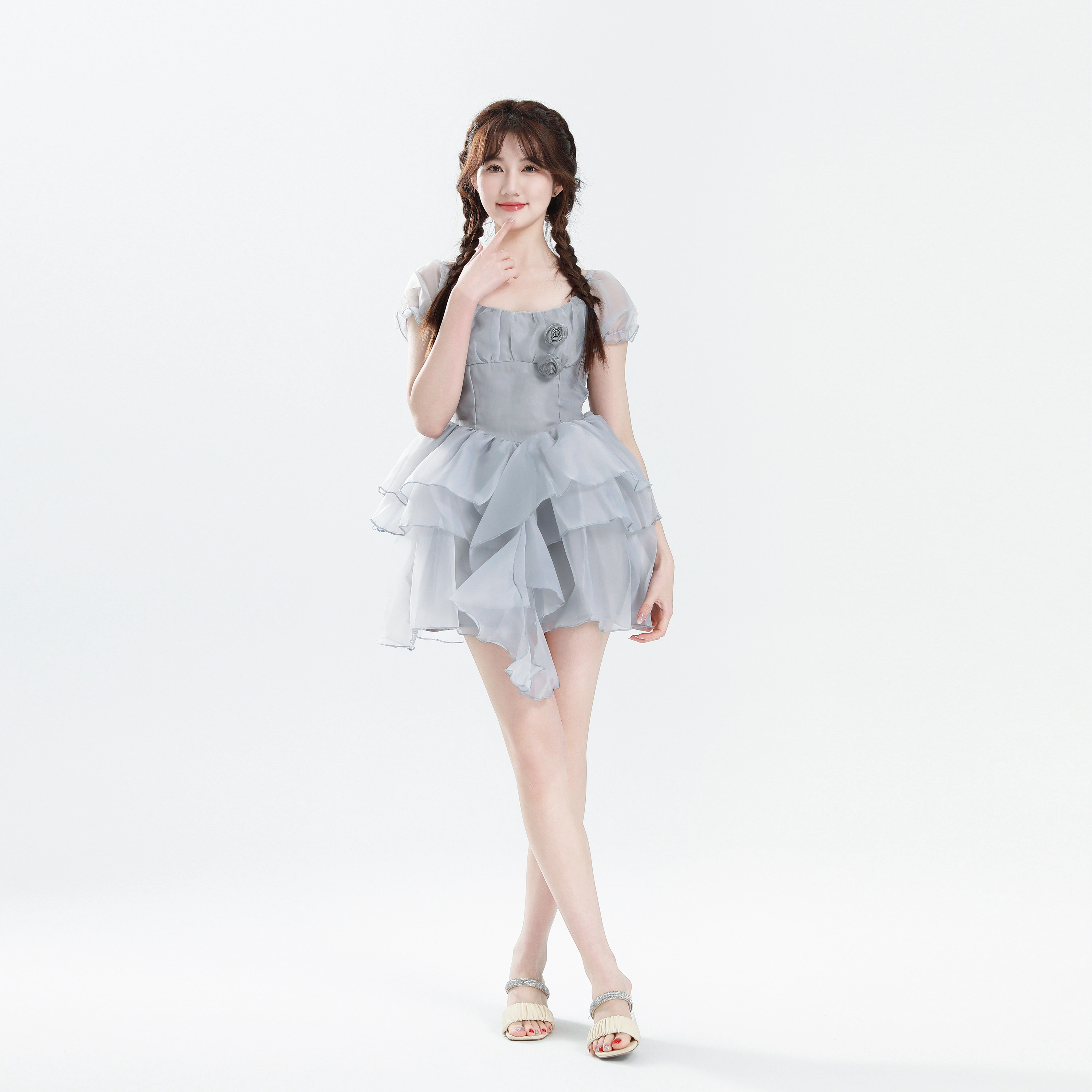 九条喵 纯色方领合身短袖连衣裙 女款 灰色