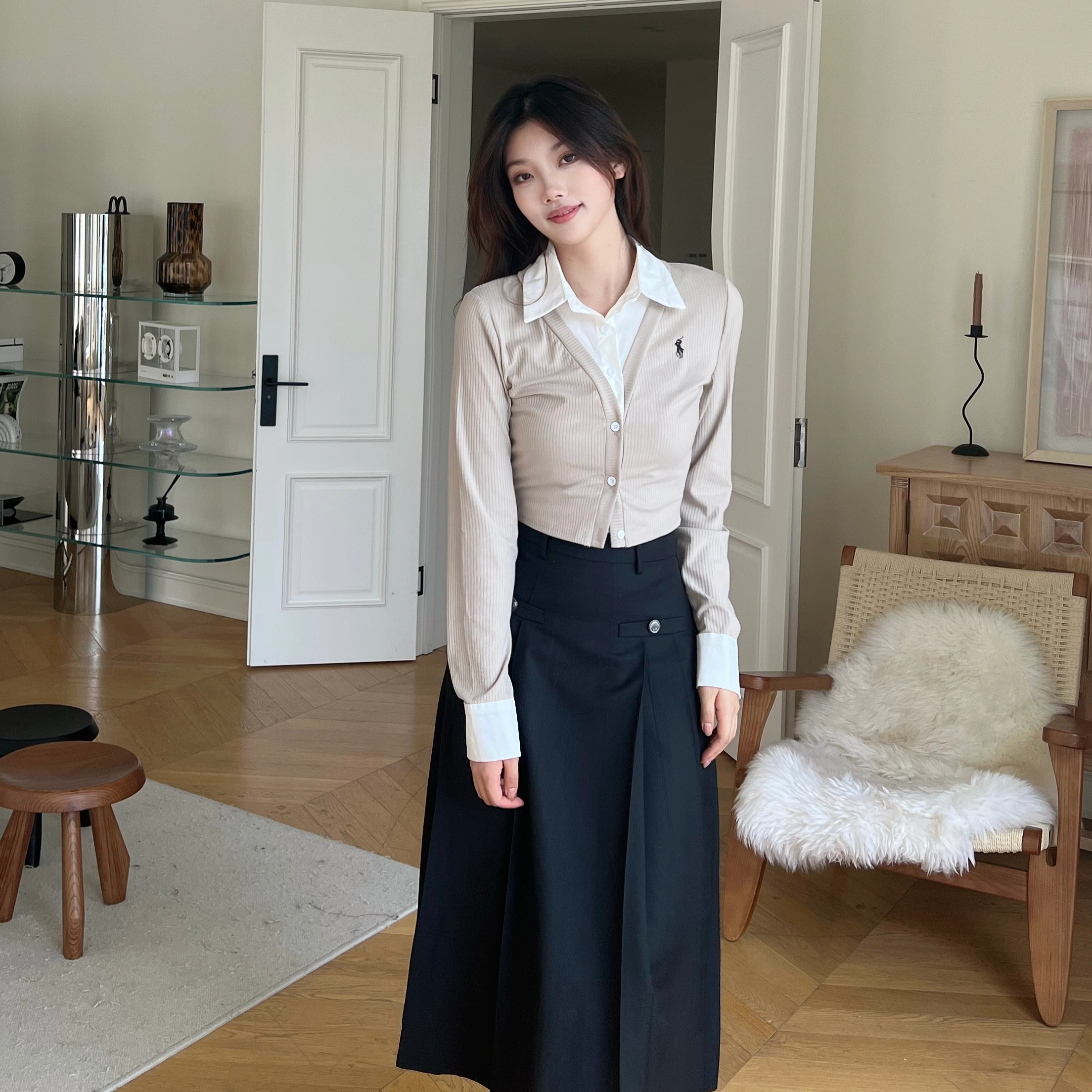 九条喵 学院风高腰中长款百褶休闲长裙制服 女款