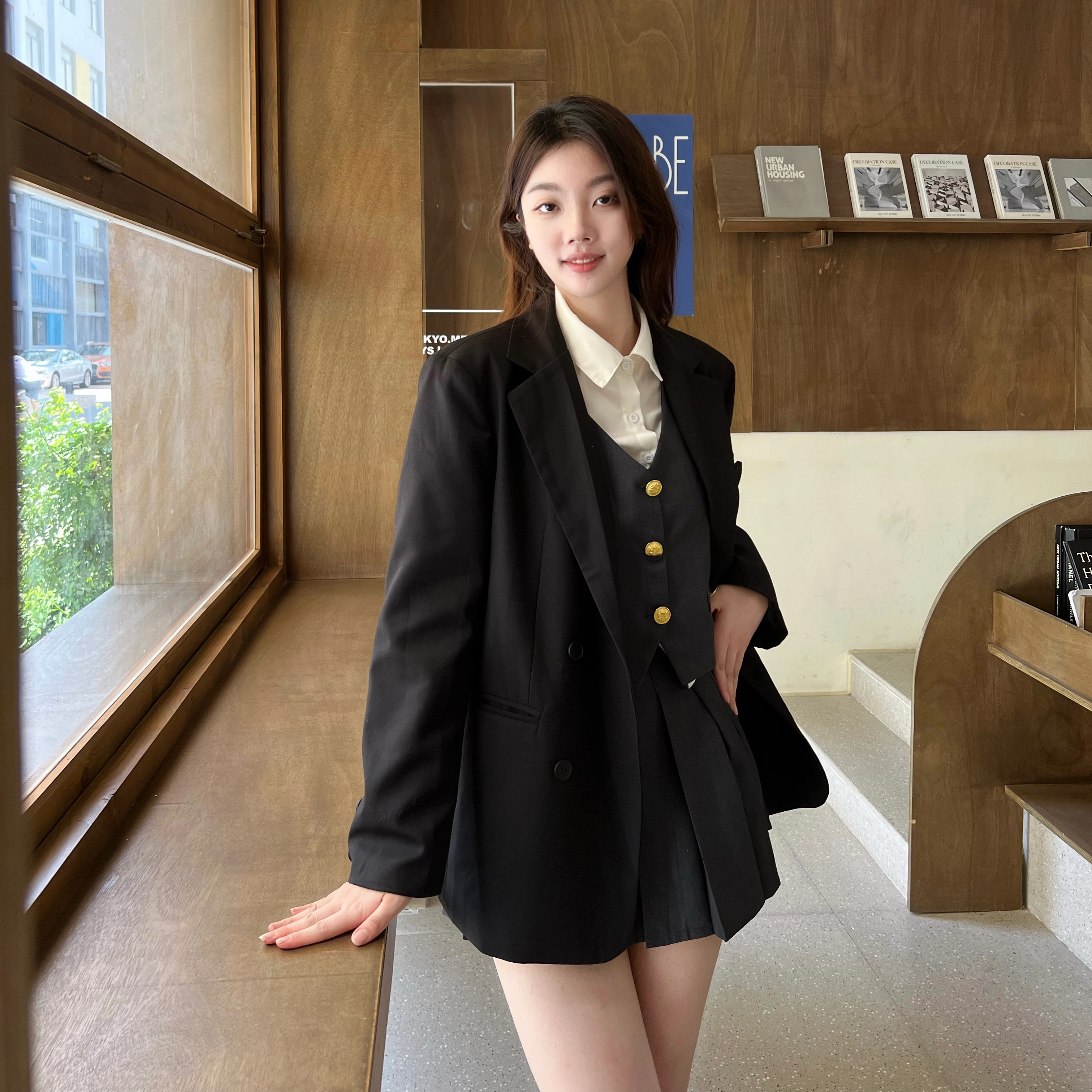 九条喵 单排扣西装马甲拼色长袖衬衫纯色百褶短裙制服 女款 灰色