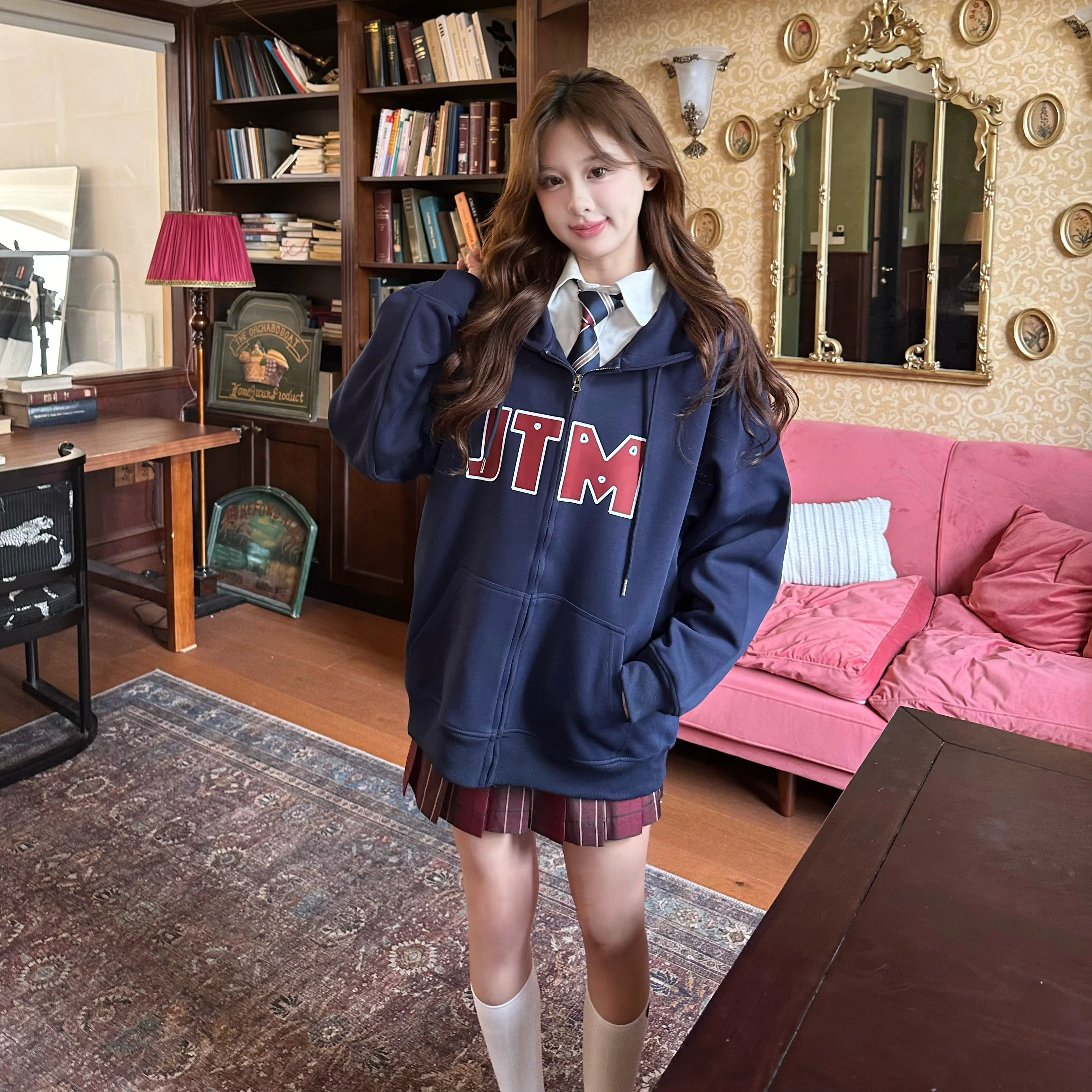 九条喵 纯色拉链宽松连帽印花字母印花卫衣 男女同款