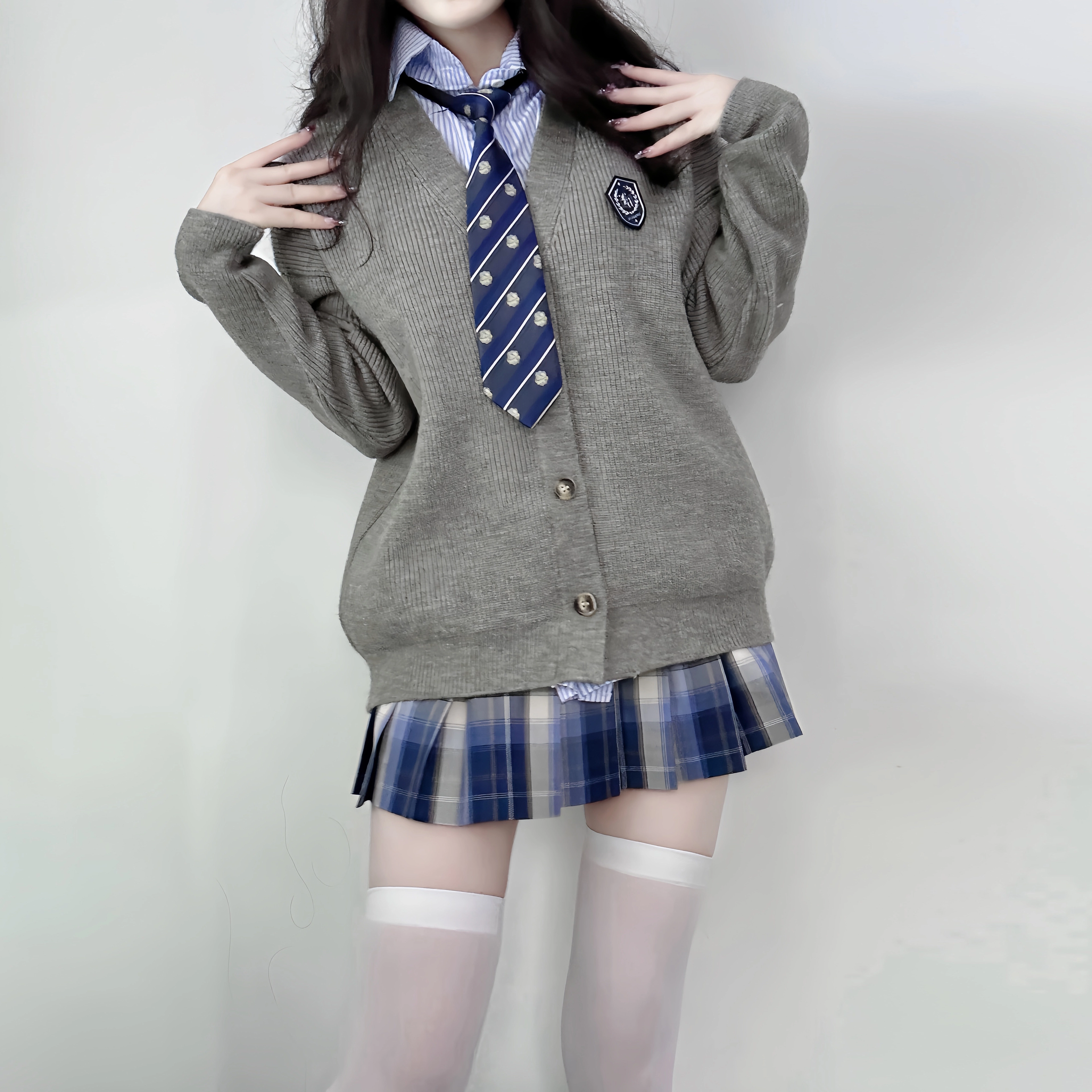 九条喵 假两件通勤宽松休闲毛衣 女款 灰色