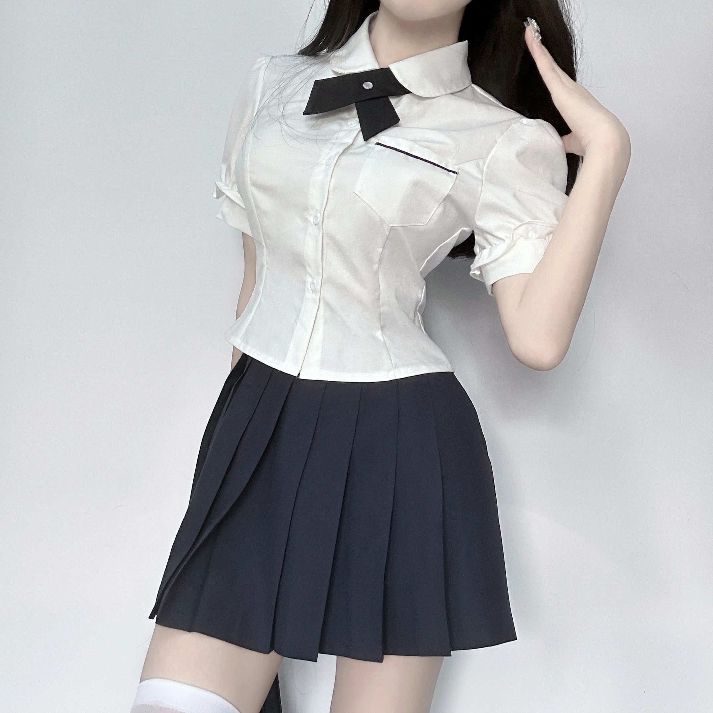 九条喵 泡泡袖纯色收腰短袖衬衫 女款 白色