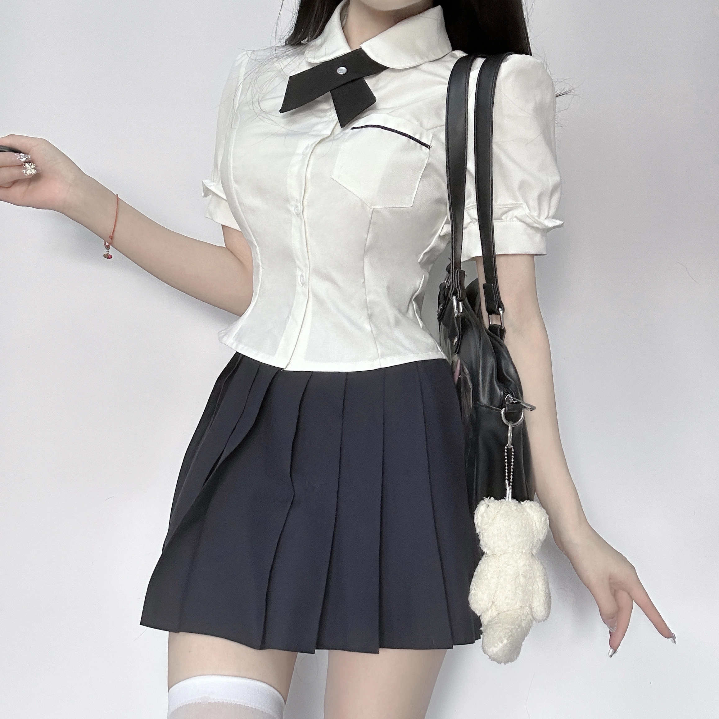 九条喵 泡泡袖纯色收腰短袖衬衫 女款 白色