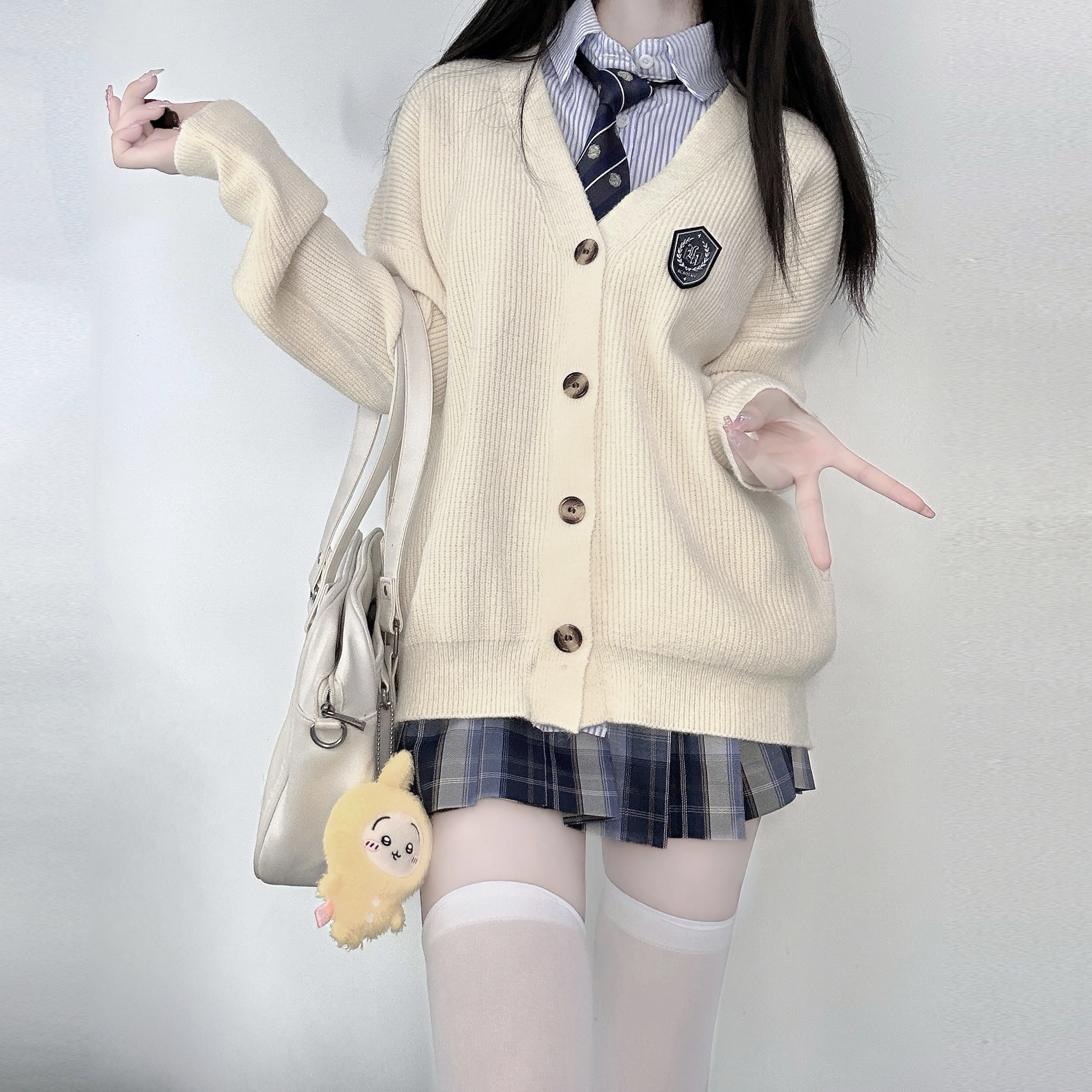 九条喵 学院风假两件宽松休闲竖条翻领长袖针织衫 女款 灰色