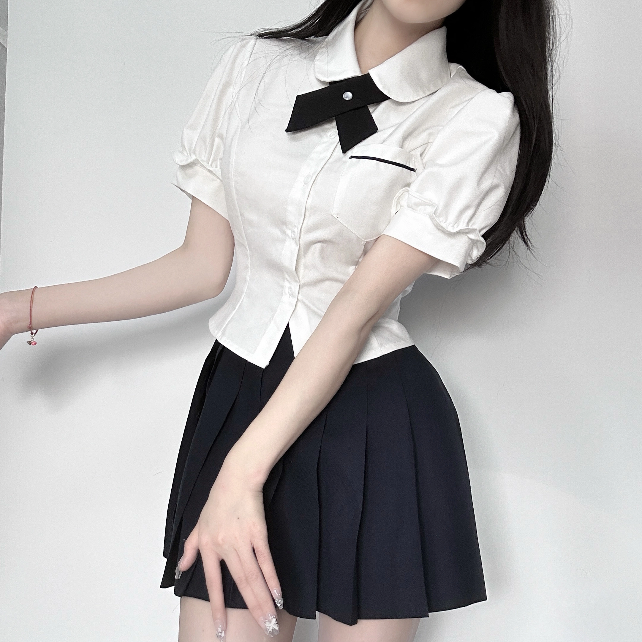 九条喵 泡泡袖纯色收腰短袖衬衫 女款 白色