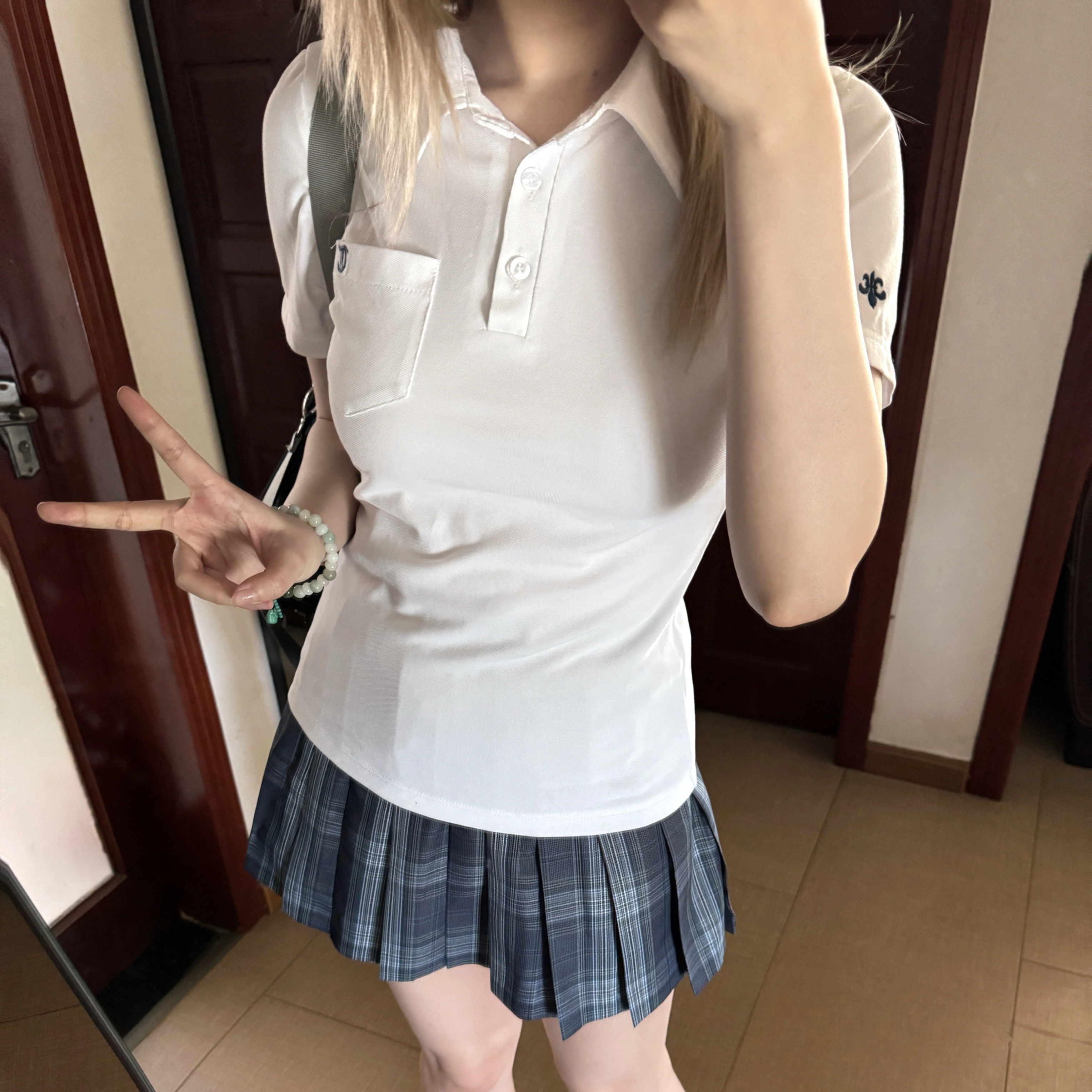 九条喵 简约百搭休闲收腰短袖制服 女款 白色