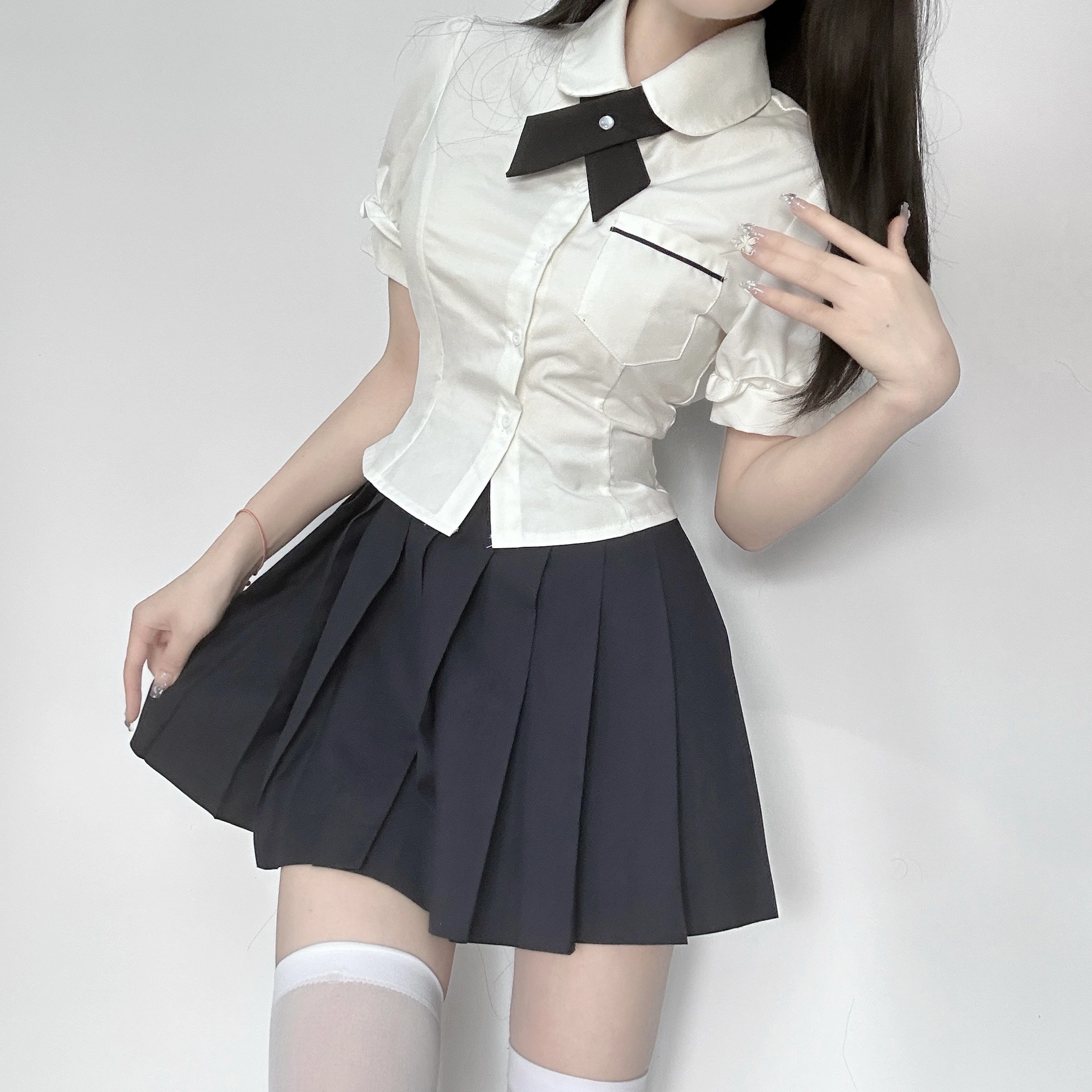 九条喵 泡泡袖纯色收腰短袖衬衫 女款 白色