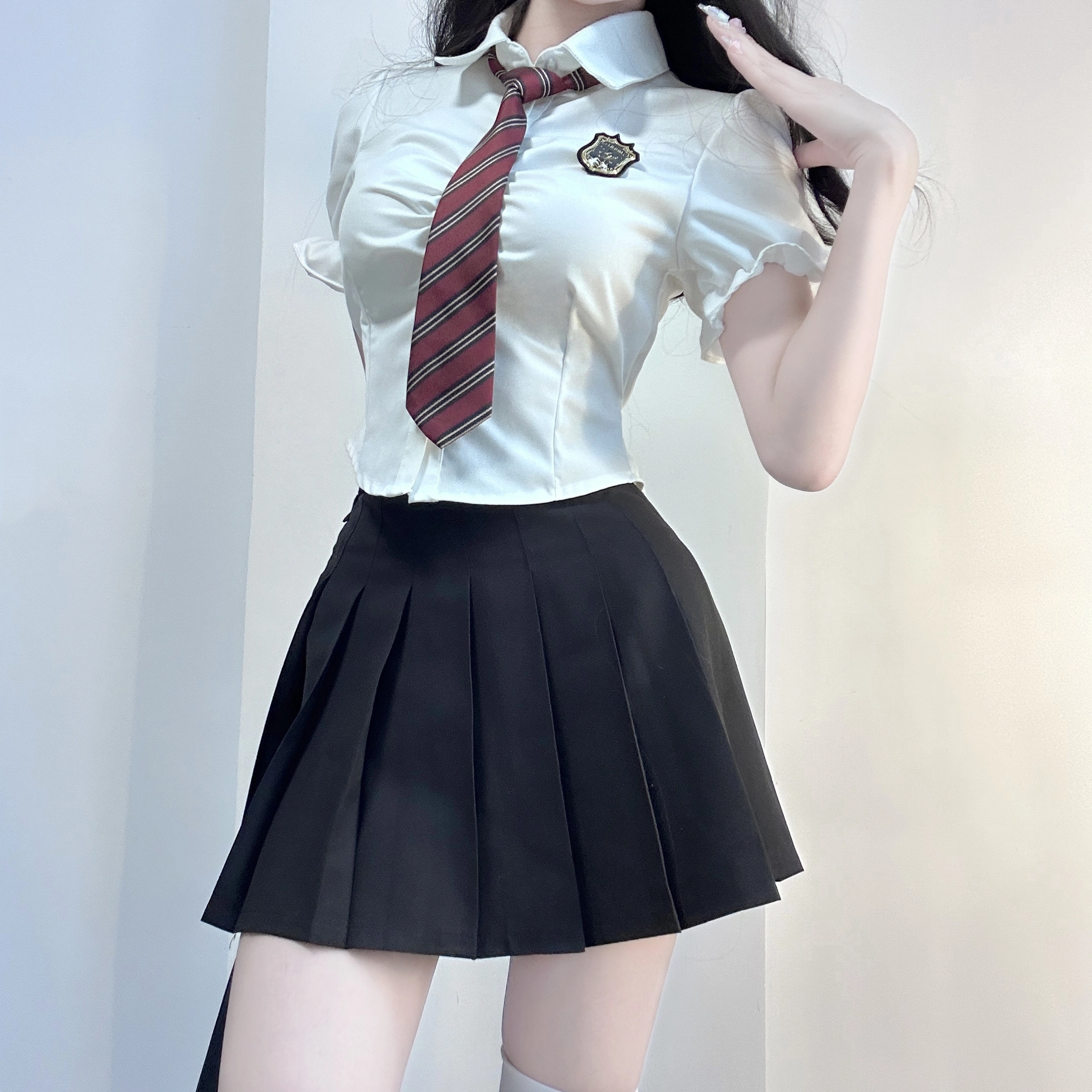 九条喵 纯色收腰绑带领带泡泡袖衬衫其他制服上装 女款