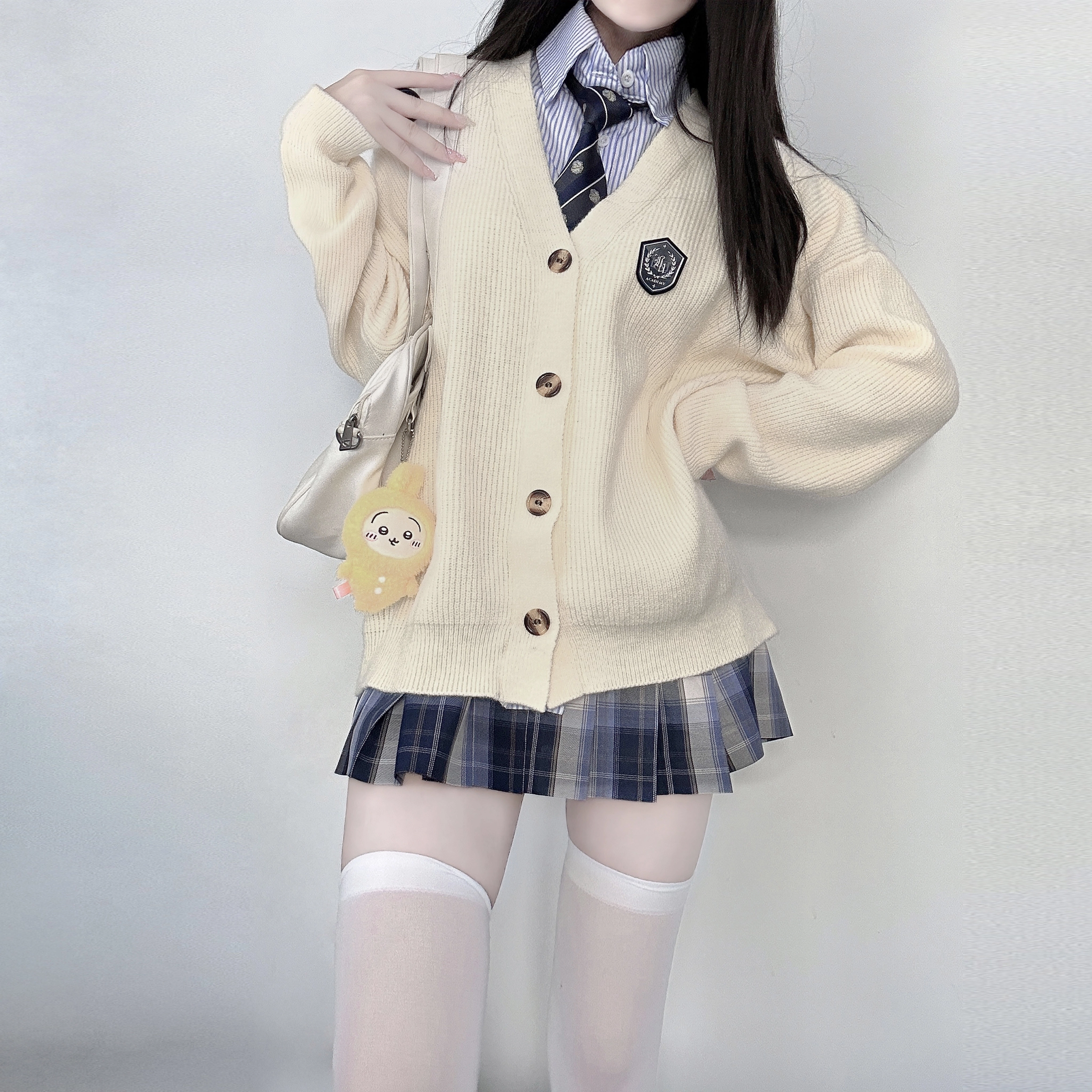 九条喵 学院风假两件宽松休闲竖条翻领长袖针织衫 女款 灰色