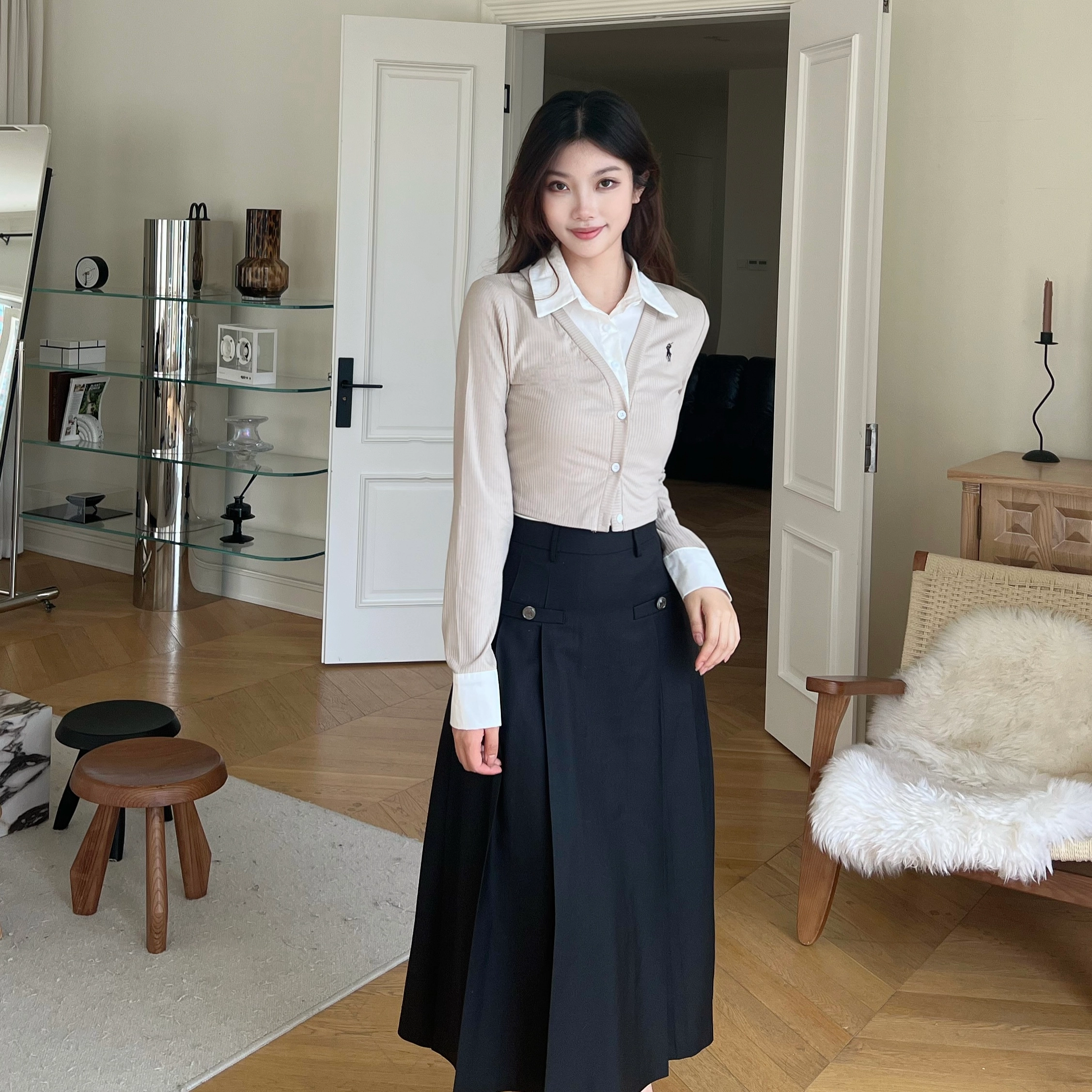 九条喵 学院风高腰中长款百褶休闲长裙制服 女款