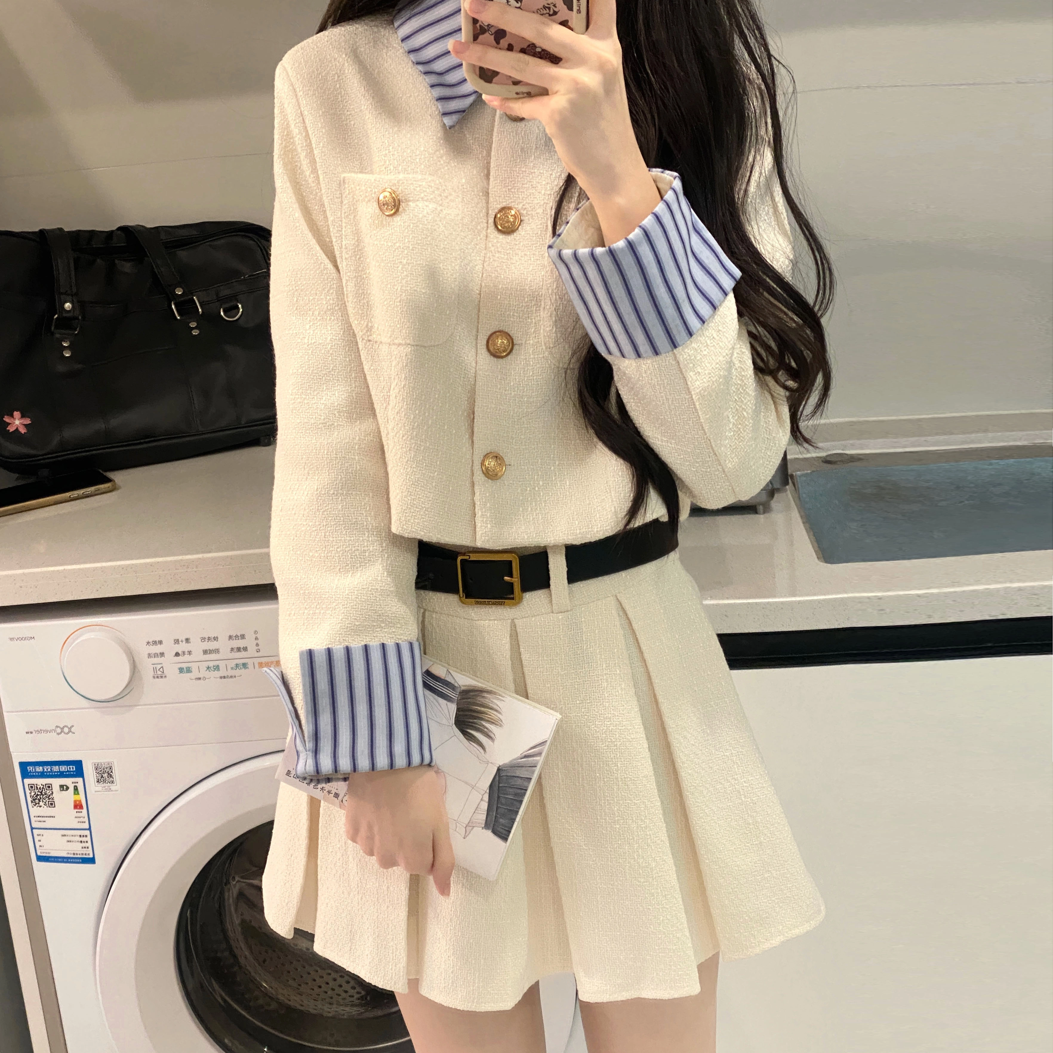 九条喵 小香风拼接西装短款外套百褶半身裙制服 女款