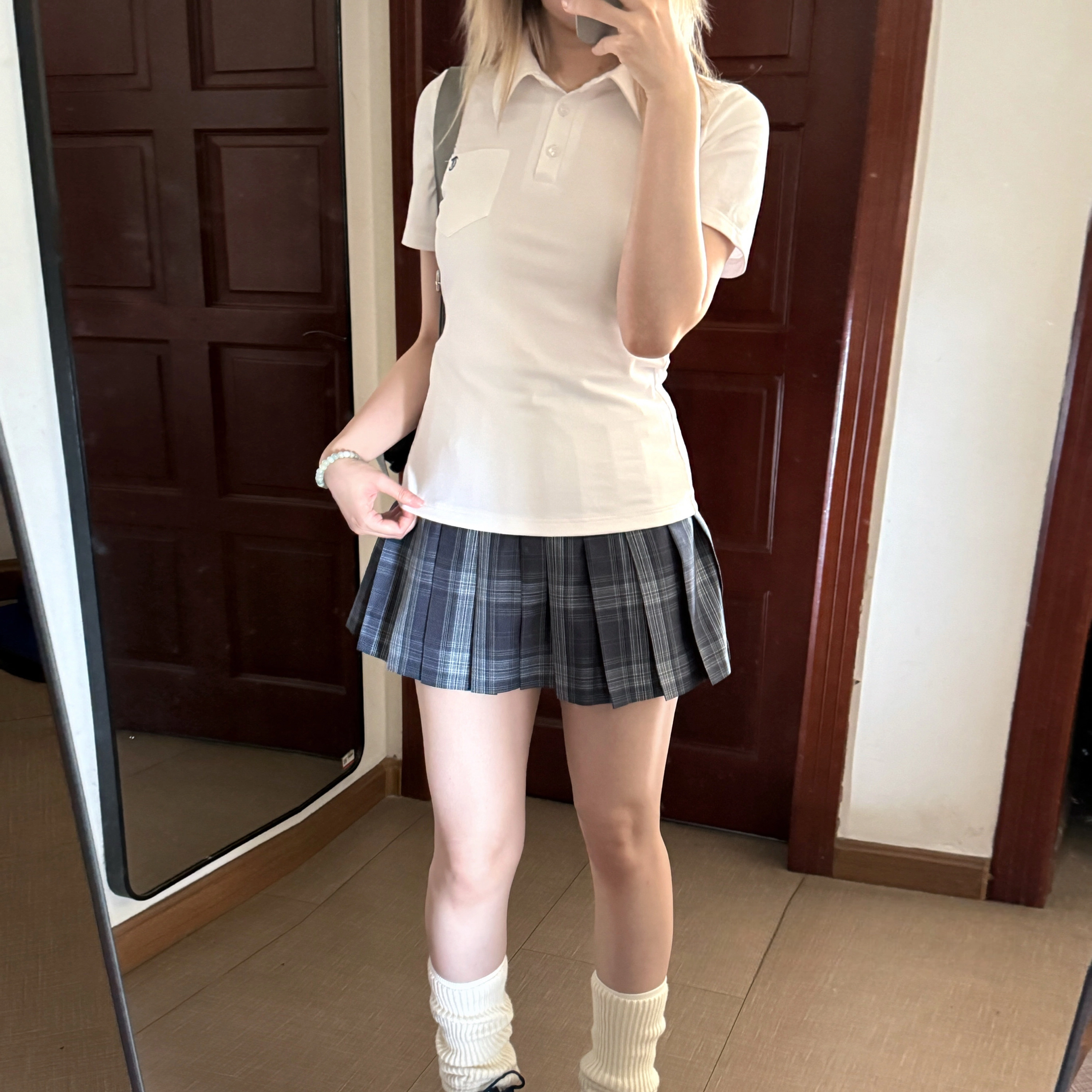 九条喵 简约百搭休闲收腰短袖制服 女款 白色