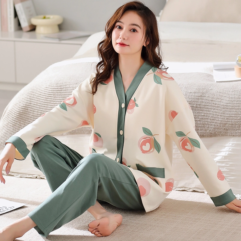 卡绚 舒适透气开衫长袖长裤可外穿家居服睡衣套装 女款 图片色