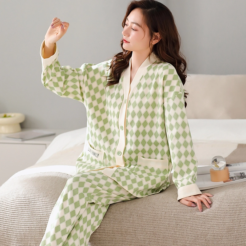 卡绚 长袖可外穿休闲日式家居服睡衣套装 女款 绿色系