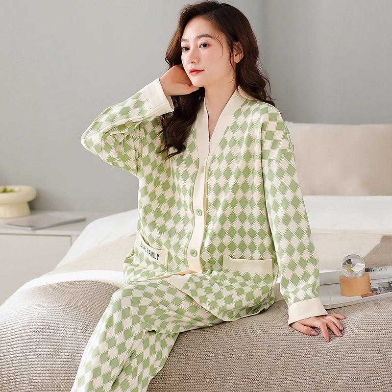 卡绚 长袖可外穿休闲日式家居服睡衣套装 女款 绿色系