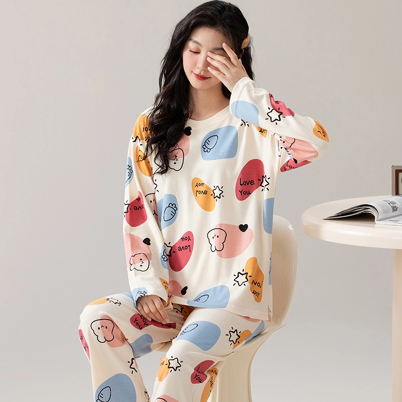 卡绚 简约圆领宽松可外穿长袖睡衣套装 女 图片色