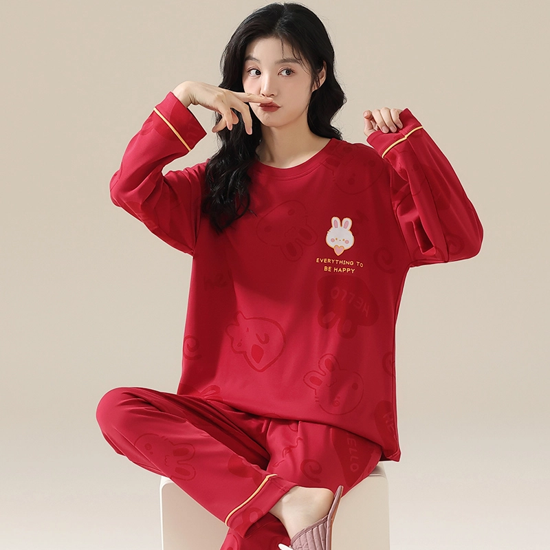 卡绚 可爱卡通兔子长袖喜庆家居服睡衣套装 女款 红色