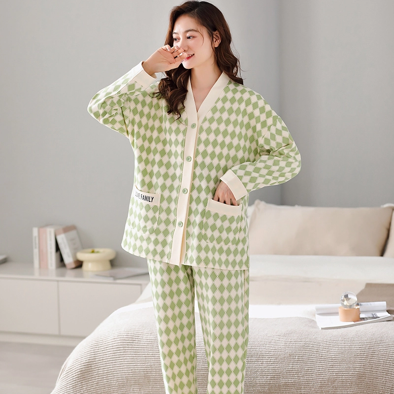 卡绚 长袖可外穿休闲日式家居服睡衣套装 女款 绿色系