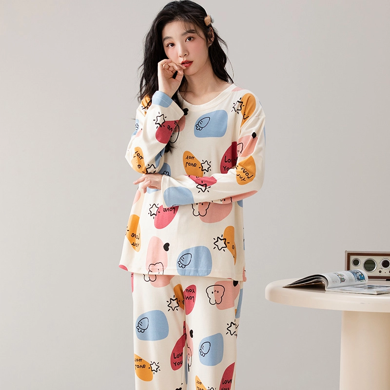 卡绚 简约圆领宽松可外穿长袖睡衣套装 女 图片色