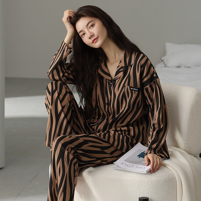 卡绚 翻领开衫长袖长裤家居服可外穿睡衣套装 女 图片色