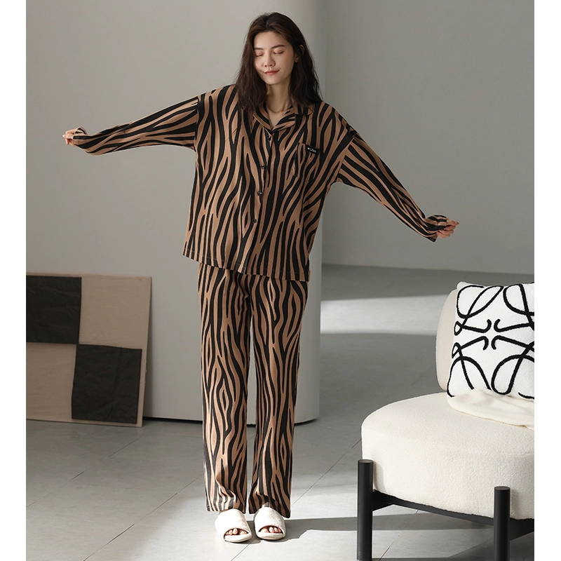 卡绚 翻领开衫长袖长裤家居服可外穿睡衣套装 女 图片色