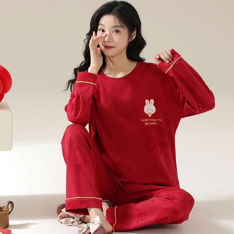 卡绚 可爱卡通兔子长袖喜庆家居服睡衣套装 女款 红色