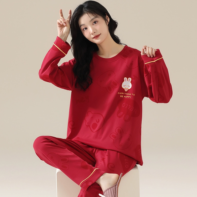 卡绚 可爱卡通兔子长袖喜庆家居服睡衣套装 女款 红色