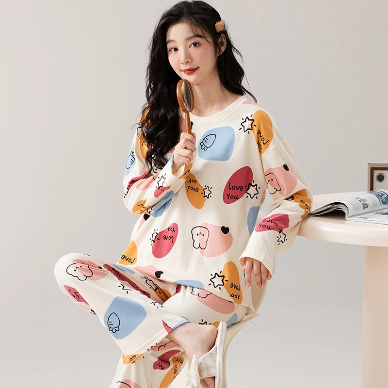 卡绚 简约圆领宽松可外穿长袖睡衣套装 女 图片色