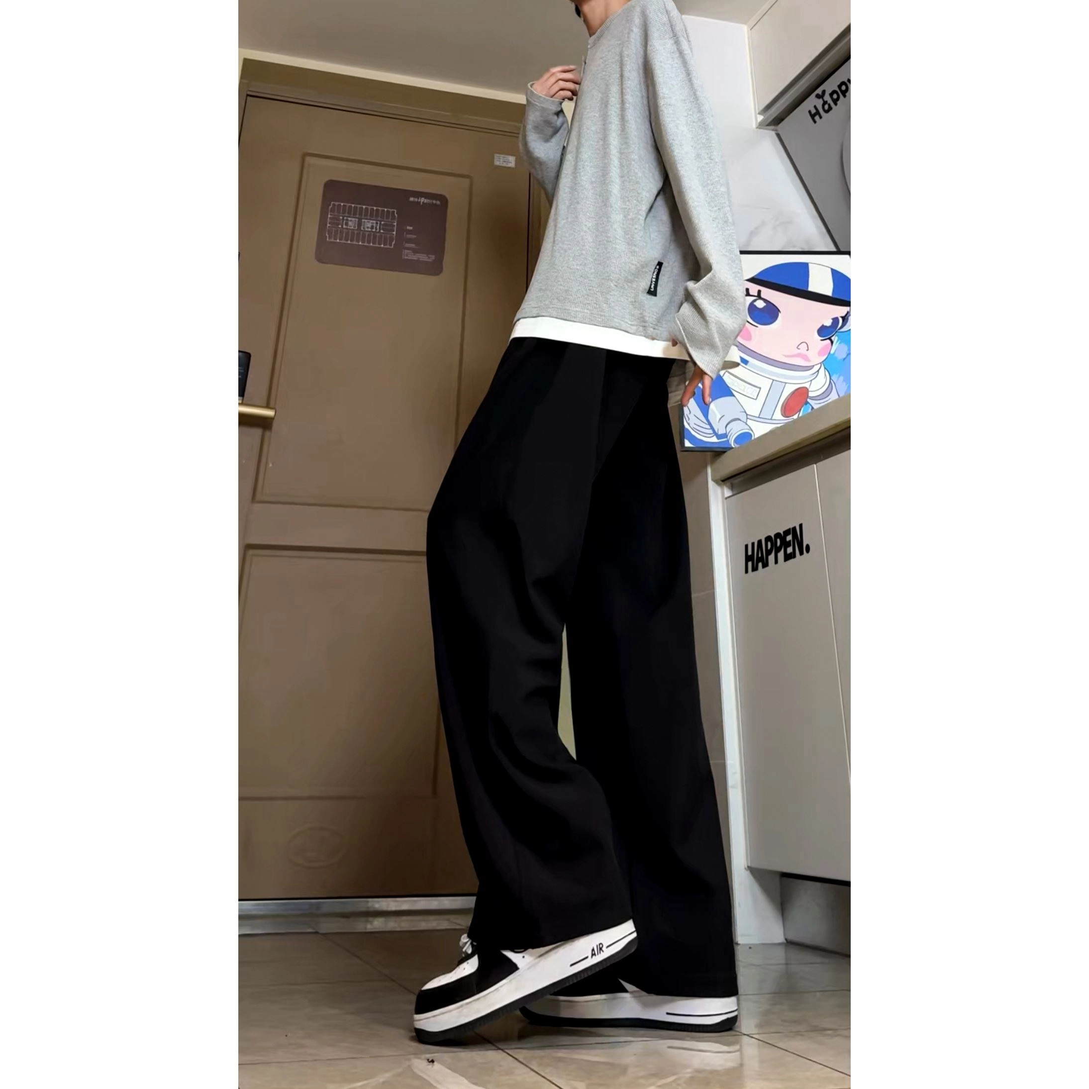 蓝精灵 三本针美式高街潮牌简约纯色基础款休闲宽松经典时尚高级感慵懒松弛感帅气舒适柔软垂感日常通勤出行百搭直筒西装裤 男女同款