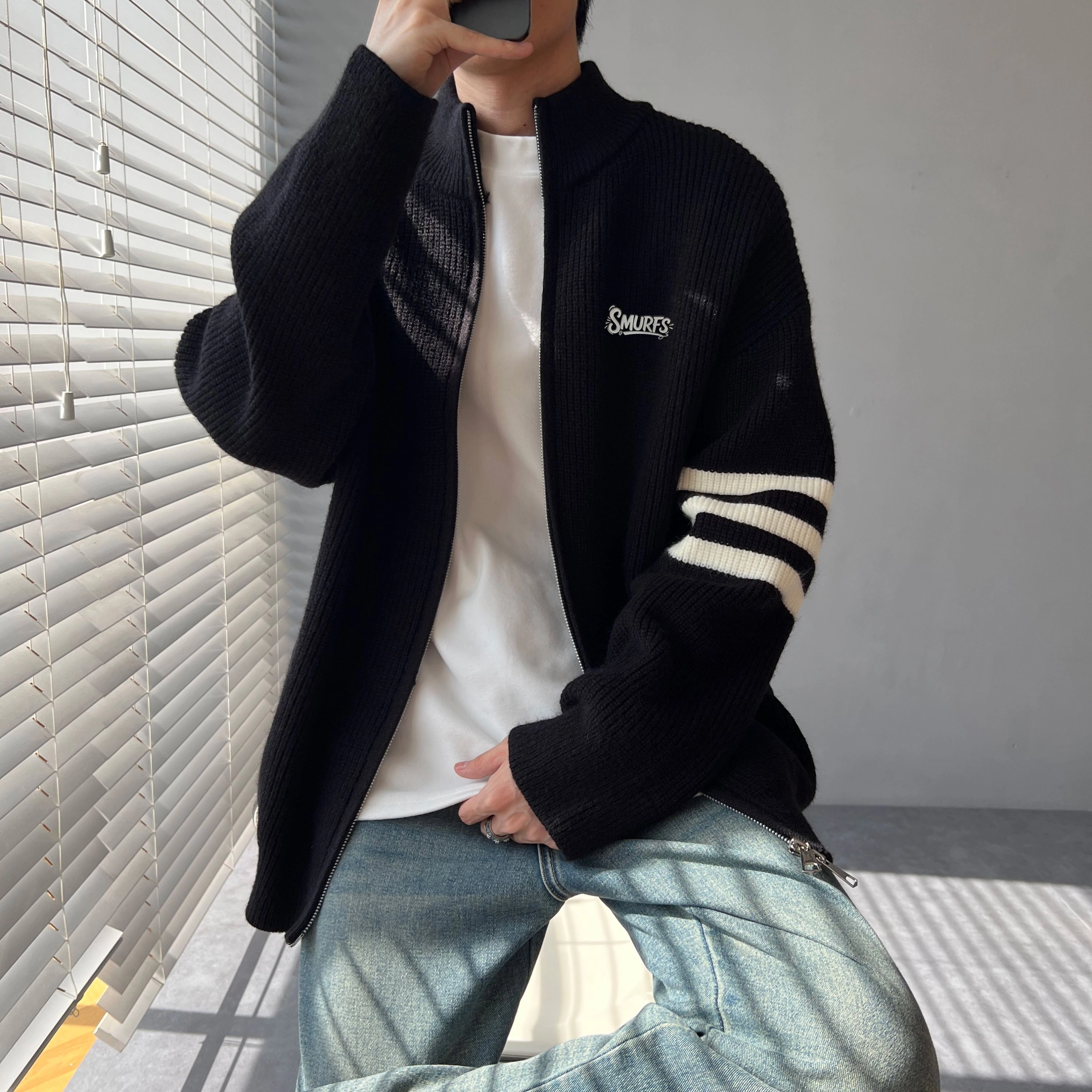 蓝精灵 显高显瘦软糯保暖美式高街潮牌休闲宽松简约基础款毛线衣双拉链开衫外套慵懒松弛感舒适柔软亲肤帅气情侣潮流百搭针织衫 男女同款