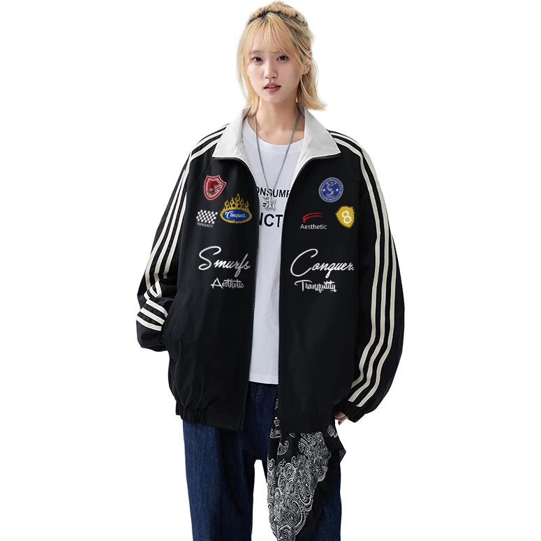 【Cleanfit棒球风】蓝精灵 潮流教练服勋章拼接嘻哈撞色双面穿立领秋冬运动机车风拉链休闲防风防溅水夹克外套 男女同款