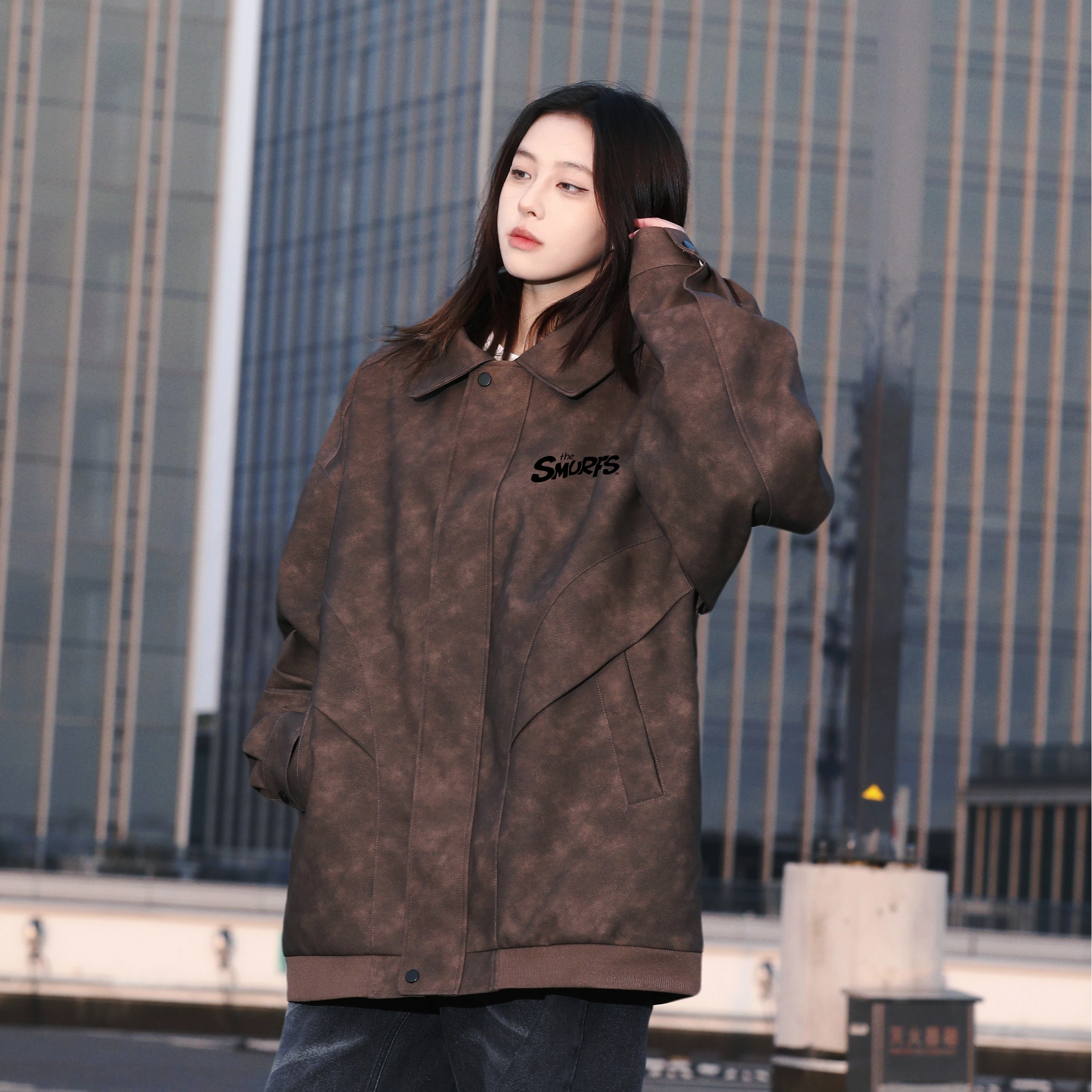 蓝精灵 美式机车风做旧水洗皮衣美拉德色系宽松复古翻领擦色皮夹克外套 男女同款